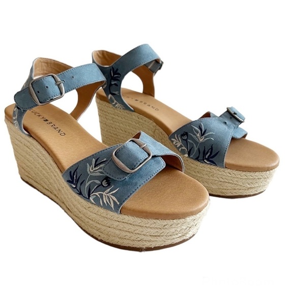 Lucky Brand Blue Naveah2 Platform Wedge Embroidered Sandals Size 7.5 /38 - Picture 1 of 13